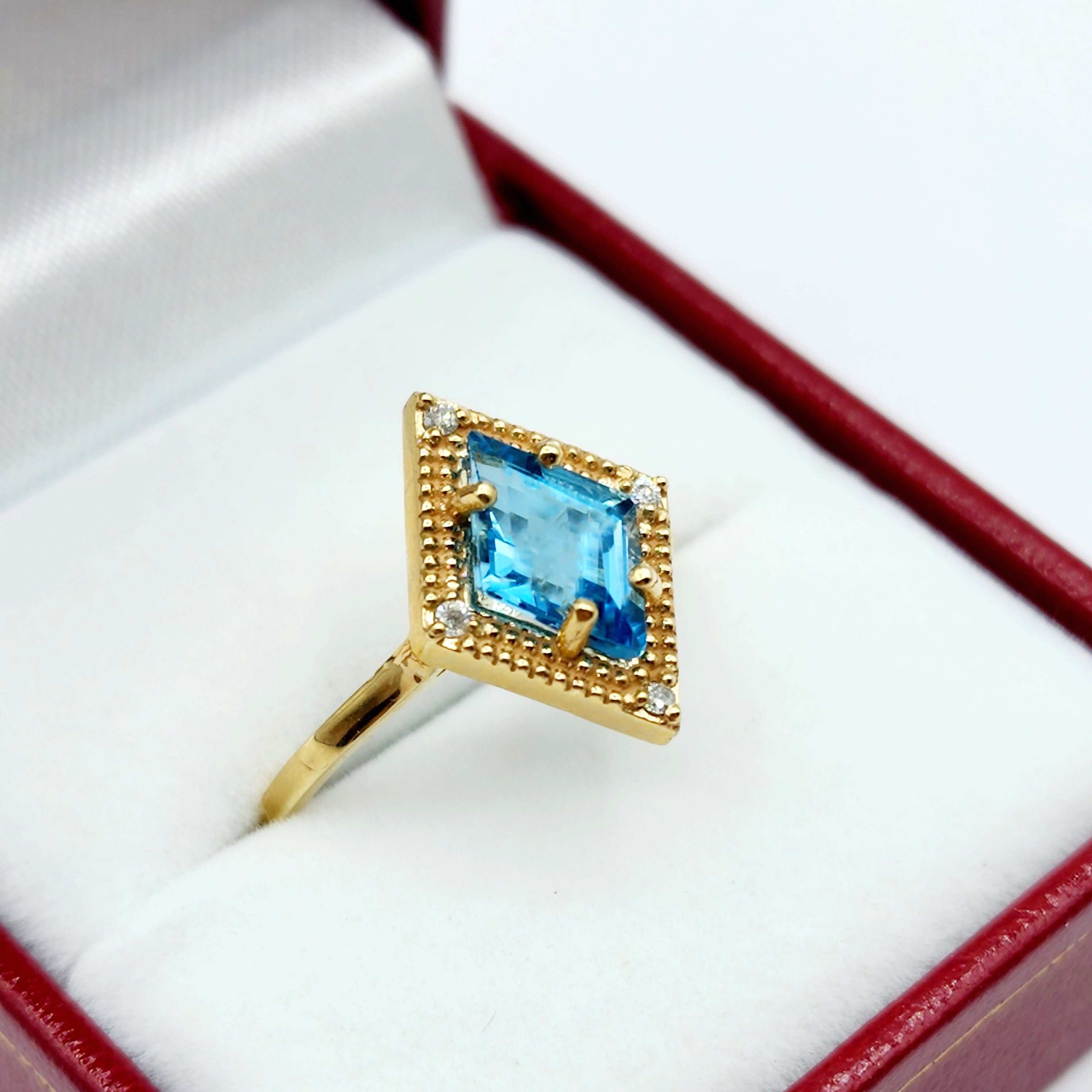 Gold Blue Topaz Ring, 14K Yellow Gold Blue Topaz 1.5ct with Diamond 0.04ct Ring, December Birthstone Ring For Women