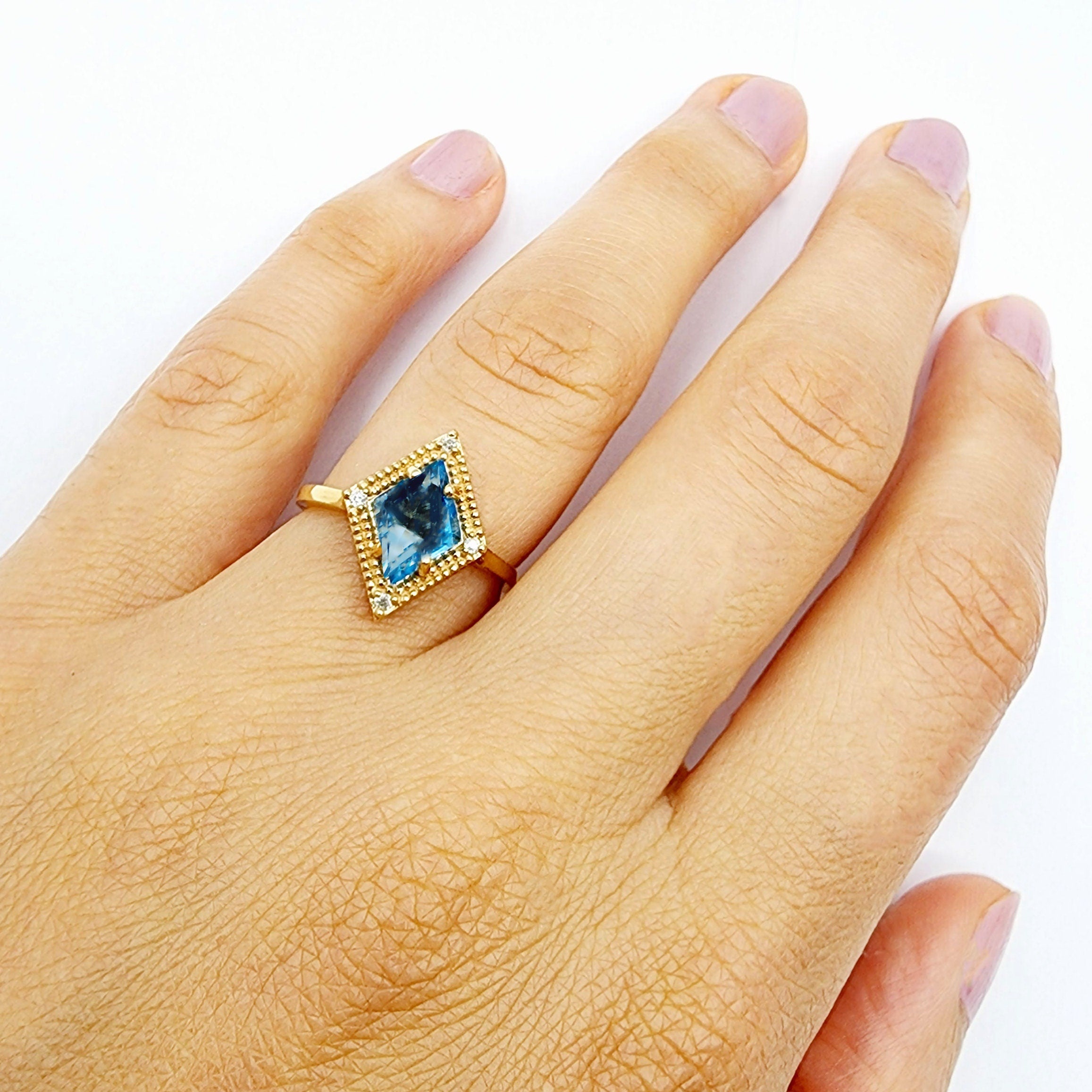 Gold Blue Topaz Ring, 14K Yellow Gold Blue Topaz 1.5ct with Diamond 0.04ct Ring, December Birthstone Ring For Women