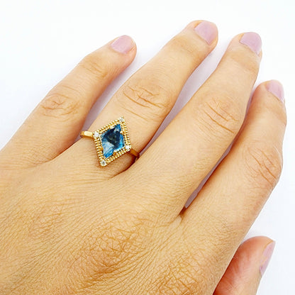 Gold Blue Topaz Ring, 14K Yellow Gold Blue Topaz 1.5ct with Diamond 0.04ct Ring, December Birthstone Ring For Women