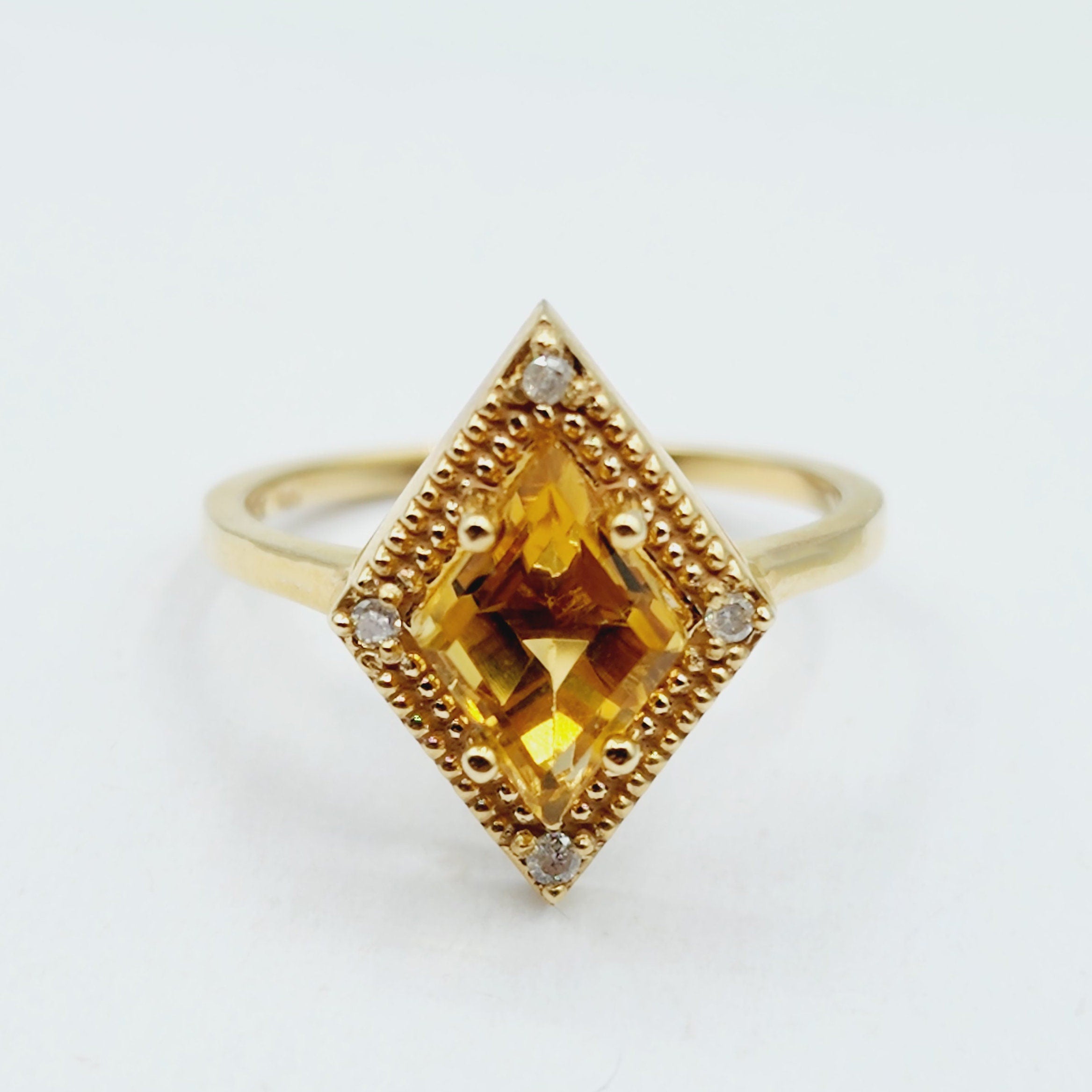 Gold Citrine Ring, 14K Yellow Gold Citrine 1.5ct with Diamond 0.04ct Ring, November Birthstone Ring For Women