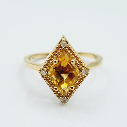 Gold Citrine Ring, 14K Yellow Gold Citrine 1.5ct with Diamond 0.04ct Ring, November Birthstone Ring For Women