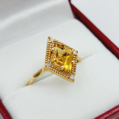 Gold Citrine Ring, 14K Yellow Gold Citrine 1.5ct with Diamond 0.04ct Ring, November Birthstone Ring For Women