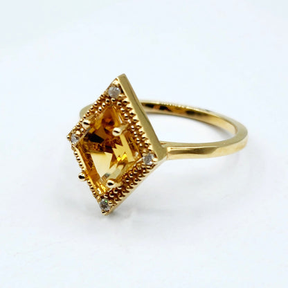 Gold Citrine Ring, 14K Yellow Gold Citrine 1.5ct with Diamond 0.04ct Ring, November Birthstone Ring For Women