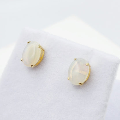 Gold Opal Stud Earrings, 10K Yellow Gold Genuine Opal 8x6mm Earrings, Gemstone Jewelry,  Earrings For Women, October Birthstone