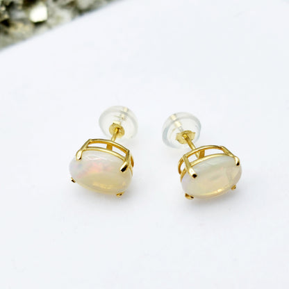 Gold Opal Stud Earrings, 10K Yellow Gold Genuine Opal 8x6mm Earrings, Gemstone Jewelry,  Earrings For Women, October Birthstone