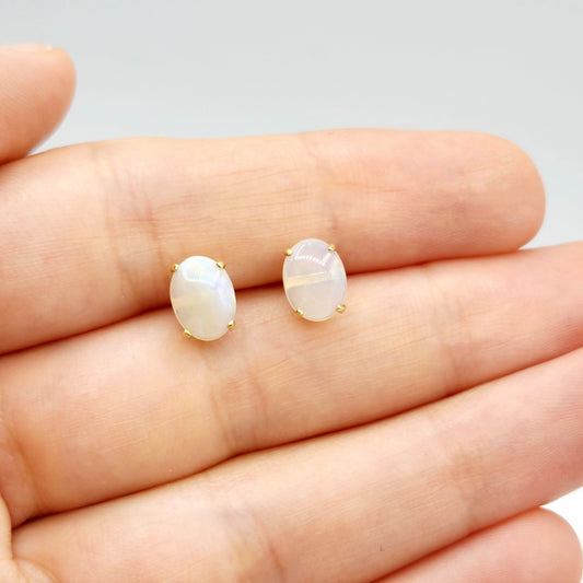 Gold Opal Stud Earrings, 10K Yellow Gold Genuine Opal 8x6mm Earrings, Gemstone Jewelry,  Earrings For Women, October Birthstone