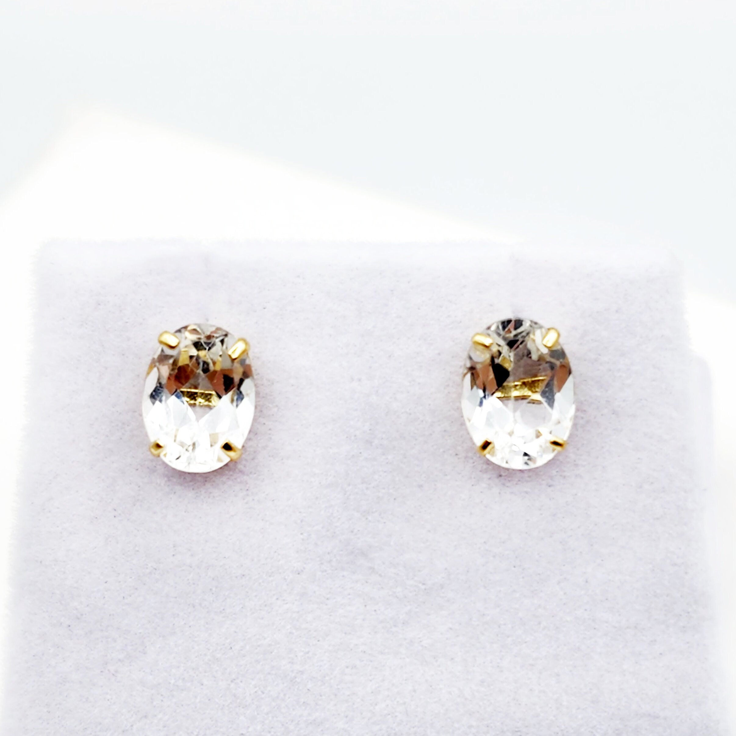 Gold White Topaz Stud Earrings, 10K Yellow Gold White Topaz 8x6mm Earrings, Genuine Gemstone Jewelry for Women, Gold Earrings For Women