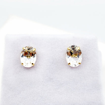 Gold White Topaz Stud Earrings, 10K Yellow Gold White Topaz 8x6mm Earrings, Genuine Gemstone Jewelry for Women, Gold Earrings For Women