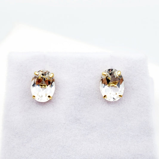 Gold White Topaz Stud Earrings, 10K Yellow Gold White Topaz 8x6mm Earrings, Genuine Gemstone Jewelry for Women, Gold Earrings For Women