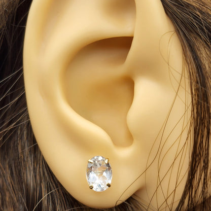 Gold White Topaz Stud Earrings, 10K Yellow Gold White Topaz 8x6mm Earrings, Genuine Gemstone Jewelry for Women, Gold Earrings For Women