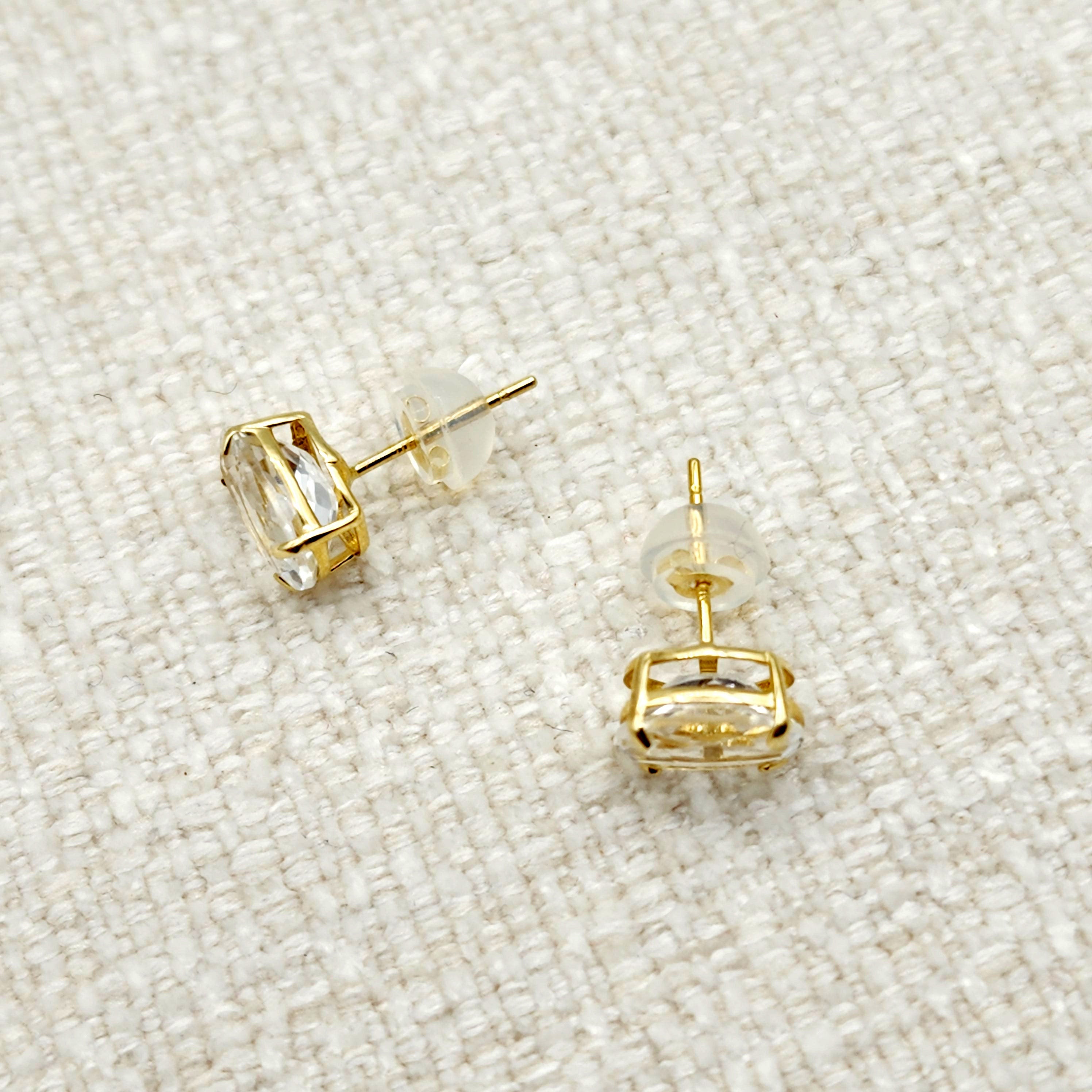 Gold White Topaz Stud Earrings, 10K Yellow Gold White Topaz 8x6mm Earrings, Genuine Gemstone Jewelry for Women, Gold Earrings For Women