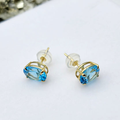 Gold Blue Topaz Stud Earrings, 10K Yellow Gold Genuine Blue Topaz 8x6mm Earrings, Gemstone Jewelry, Earrings For Women, December Birthstone