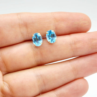 Gold Blue Topaz Stud Earrings, 10K Yellow Gold Genuine Blue Topaz 8x6mm Earrings, Gemstone Jewelry, Earrings For Women, December Birthstone