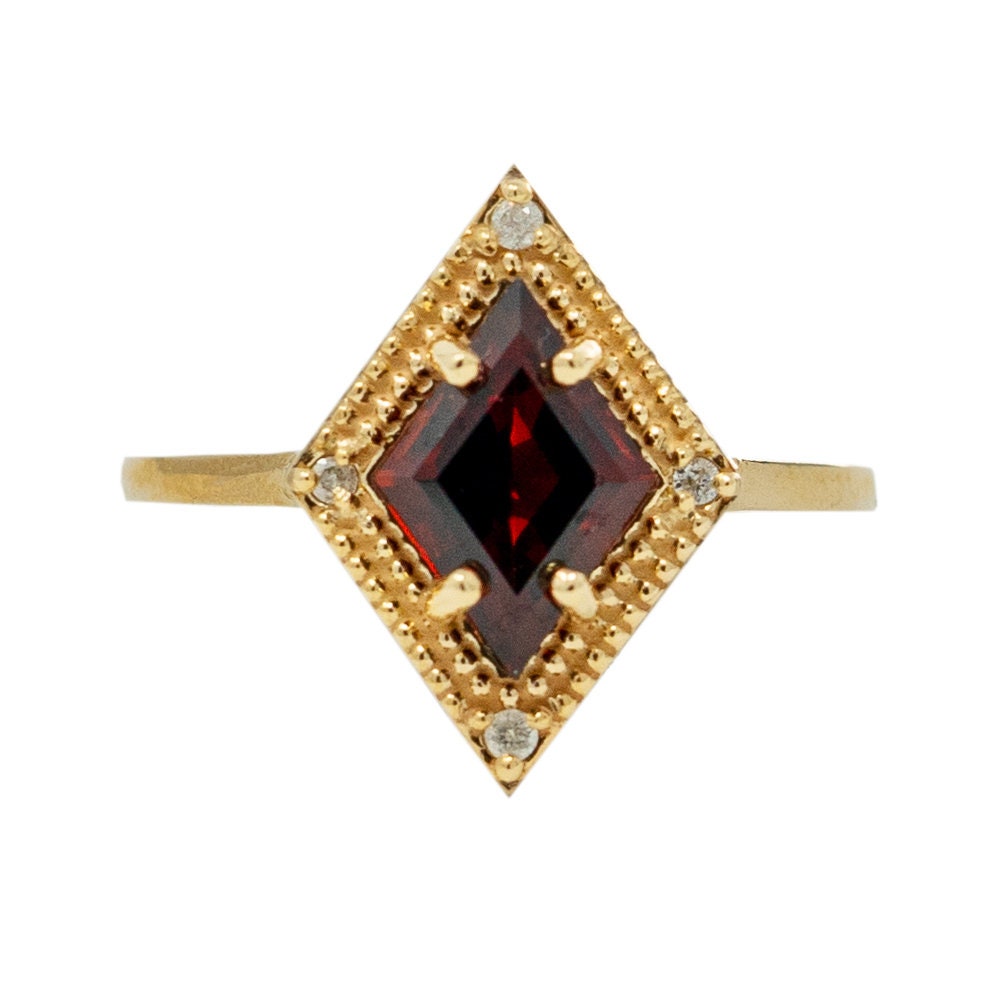 Gold Garnet Ring, 14K Yellow Gold Garnet 1.5ct with Diamond 0.04ct Ring, January Birthstone Ring For Women