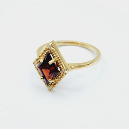 Gold Garnet Ring, 14K Yellow Gold Garnet 1.5ct with Diamond 0.04ct Ring, January Birthstone Ring For Women