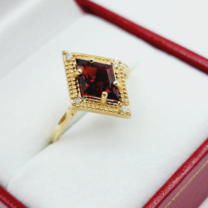 Gold Garnet Ring, 14K Yellow Gold Garnet 1.5ct with Diamond 0.04ct Ring, January Birthstone Ring For Women