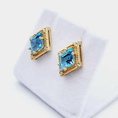 Gold Blue Topaz Stud Earrings, 14K Yellow Gold Blue Topaz 3.0cts Stud Earrings, Handmade Earrings, Gemstone Earrings, December Birthstone