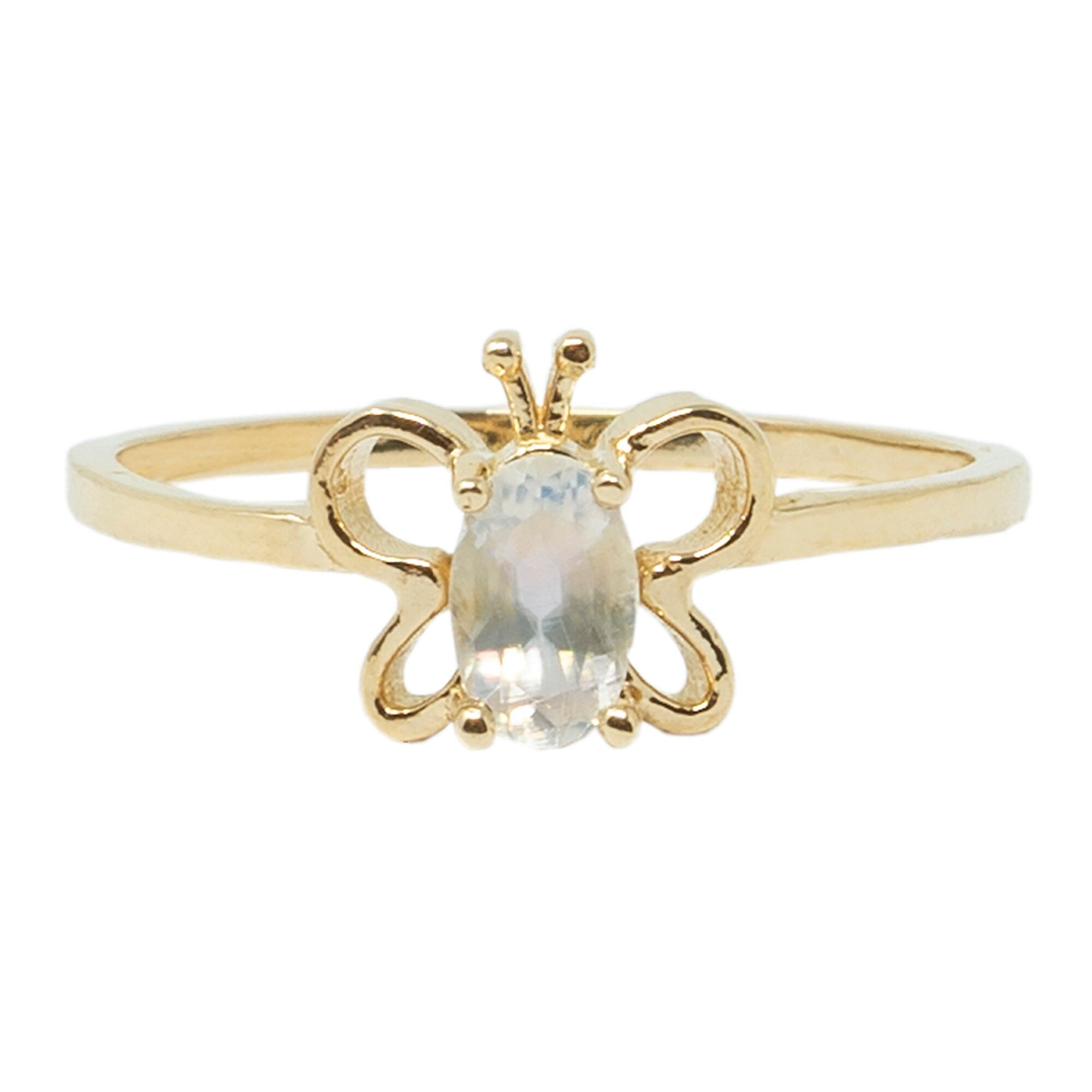 10K Yellow Gold Butterfly Baby Ring With 5x3mm Oval Genuine Gemstone, Ring For Baby, Gift For Baby, Kids Gemstone Ring, Child Gold Ring
