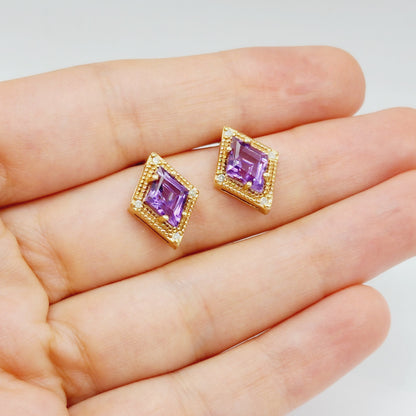 Gold Amethyst Stud Earrings, 14K Yellow Gold Amethyst 3.0cts Stud Earrings, Handmade Earrings, Gemstone Earrings, February Birthstone