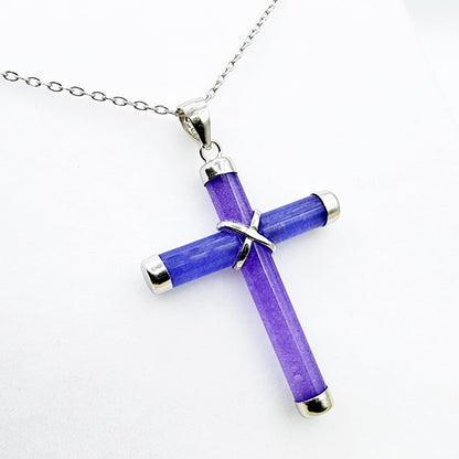 Sterling Silver Dyed Purple Jadeite Cross Pendant with Chain, Jade Cross Necklace, Christmas Gift , New Year Gift