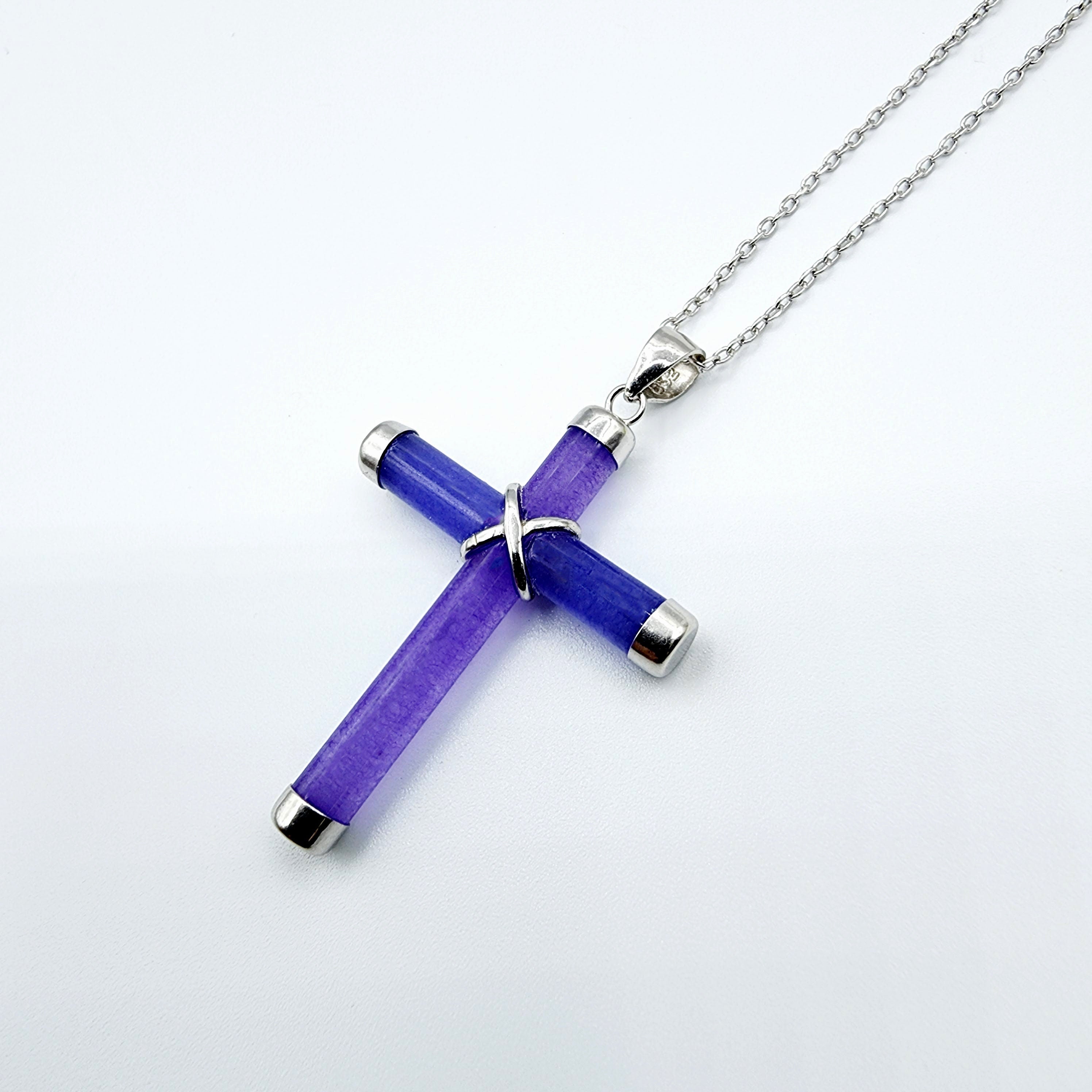 Sterling Silver Dyed Purple Jadeite Cross Pendant with Chain, Jade Cross Necklace, Christmas Gift , New Year Gift
