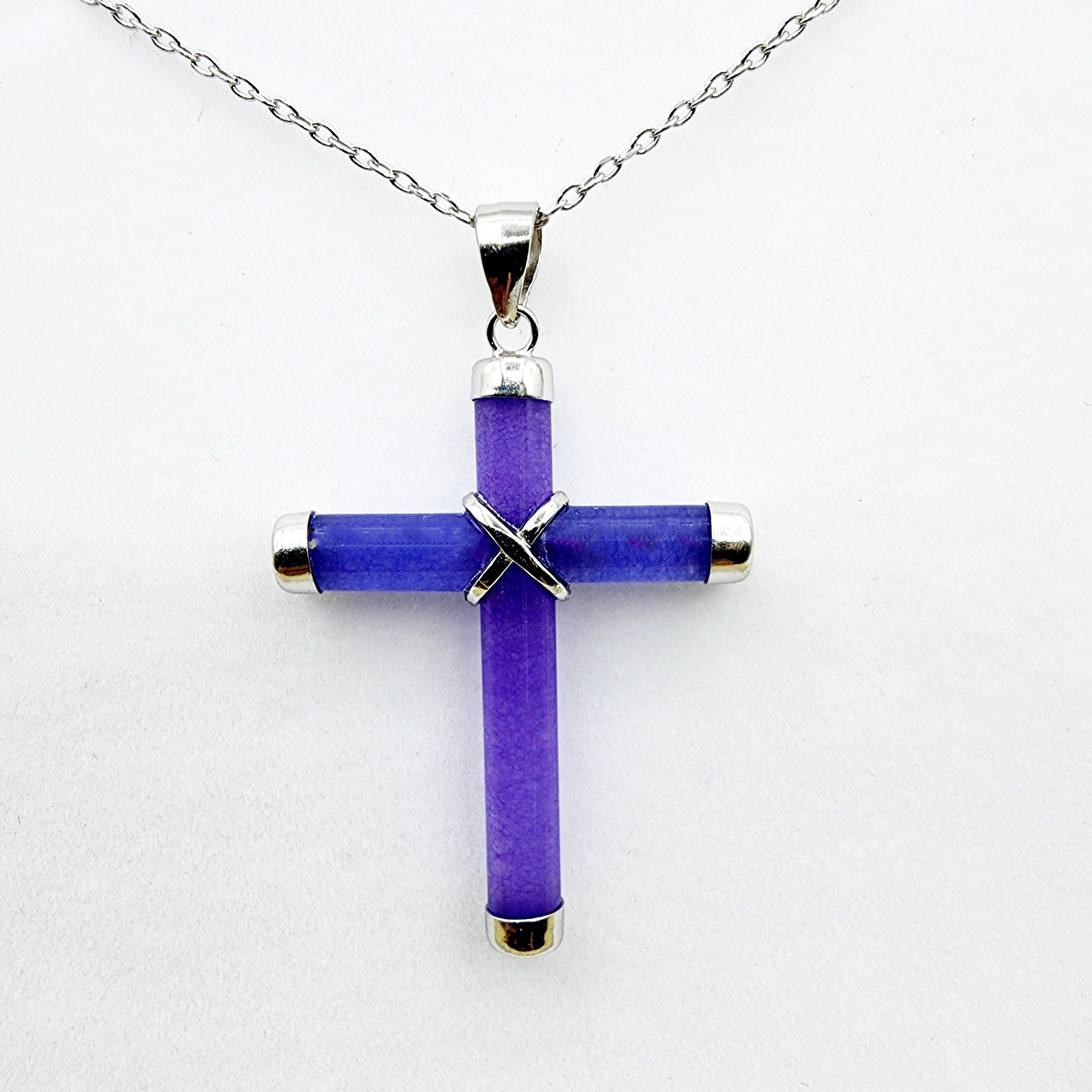 Sterling Silver Dyed Purple Jadeite Cross Pendant with Chain, Jade Cross Necklace, Christmas Gift , New Year Gift