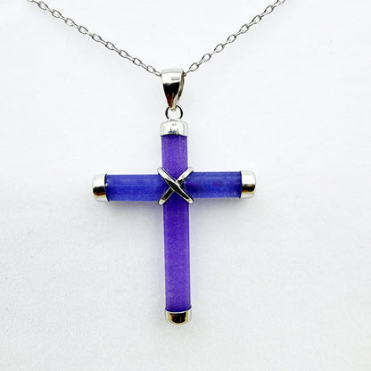 Sterling Silver Dyed Purple Jadeite Cross Pendant with Chain, Jade Cross Necklace, Christmas Gift , New Year Gift