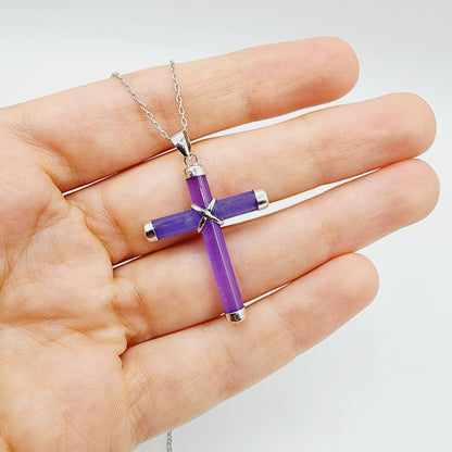 Sterling Silver Dyed Purple Jadeite Cross Pendant with Chain, Jade Cross Necklace, Christmas Gift , New Year Gift