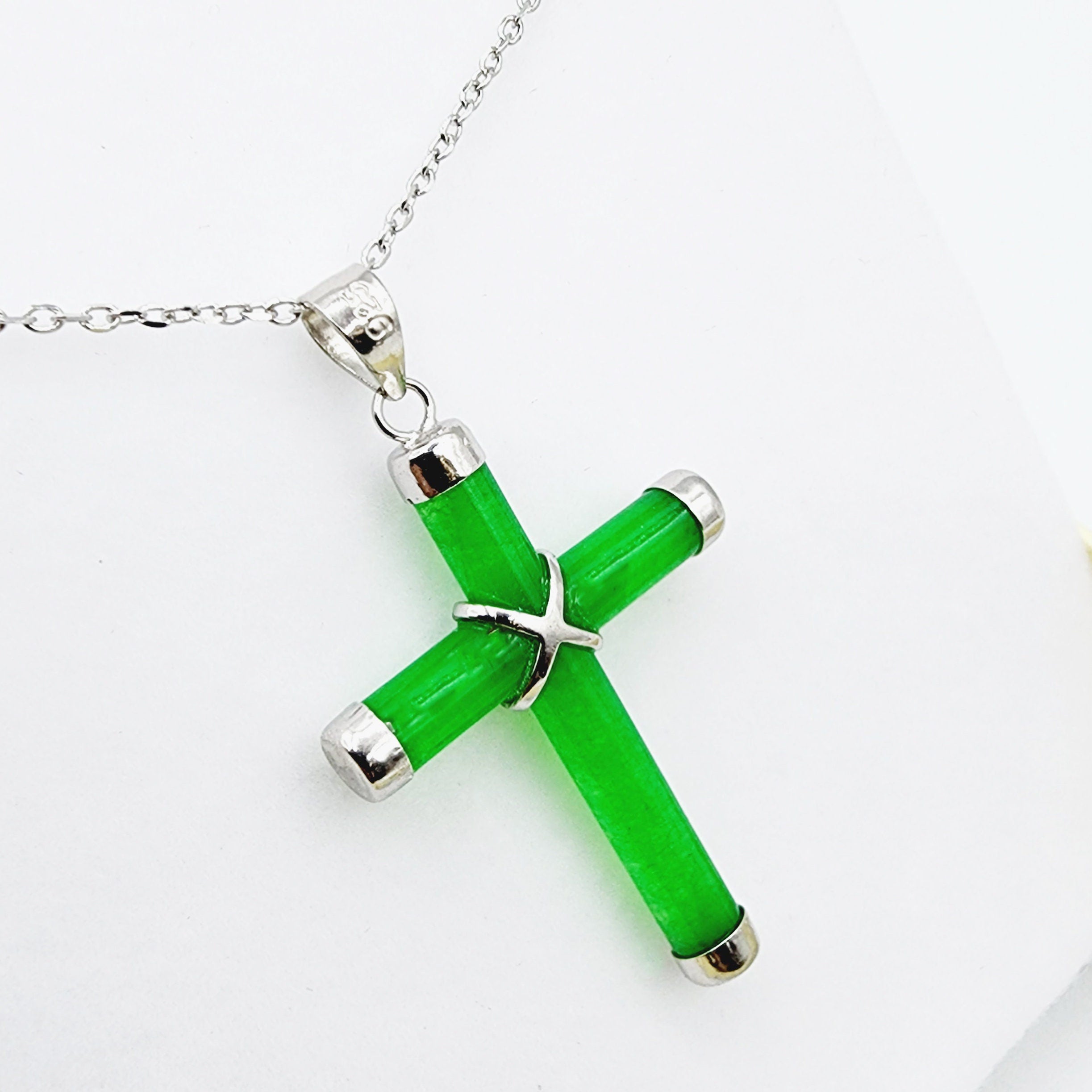 Sterling Silver Genuine Green Jadeite Cross Pendant with Chain, Green Jade Cross Necklace, Christmas Gift , New Year Gift