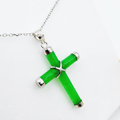 Sterling Silver Genuine Green Jadeite Cross Pendant with Chain, Green Jade Cross Necklace, Christmas Gift , New Year Gift