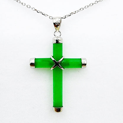 Sterling Silver Genuine Green Jadeite Cross Pendant with Chain, Green Jade Cross Necklace, Christmas Gift , New Year Gift