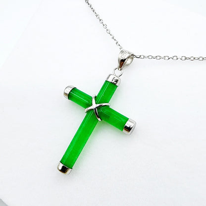 Sterling Silver Genuine Green Jadeite Cross Pendant with Chain, Green Jade Cross Necklace, Christmas Gift , New Year Gift