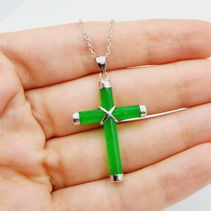 Sterling Silver Genuine Green Jadeite Cross Pendant with Chain, Green Jade Cross Necklace, Christmas Gift , New Year Gift