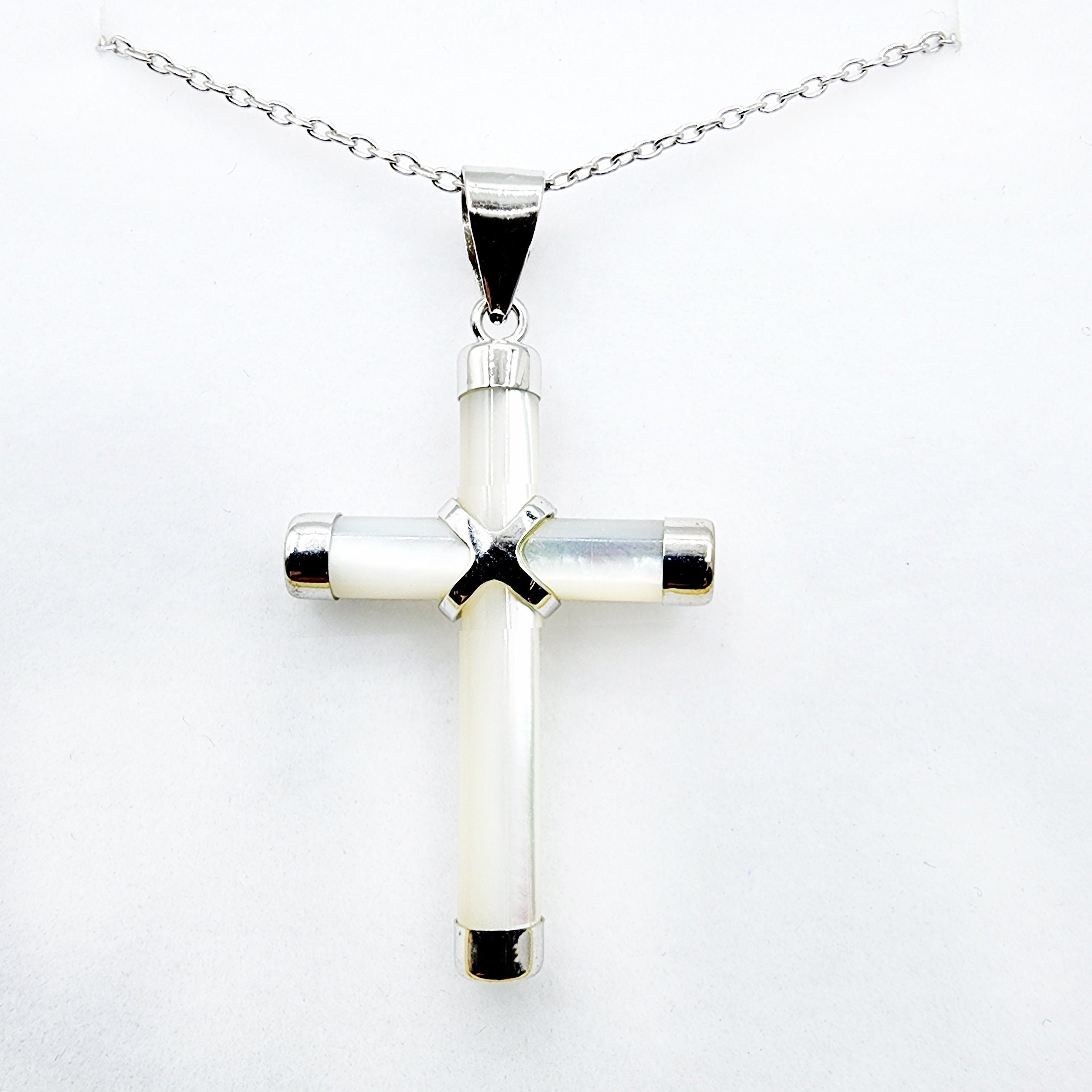 Sterling Silver Genuine Mother of Pearl Cross Pendant with Chain, White Cross Necklace, Christmas Gift , New Year Gift