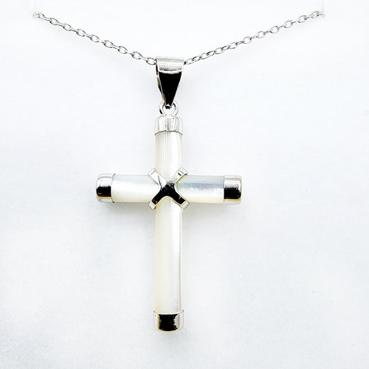 Sterling Silver Genuine Mother of Pearl Cross Pendant with Chain, White Cross Necklace, Christmas Gift , New Year Gift