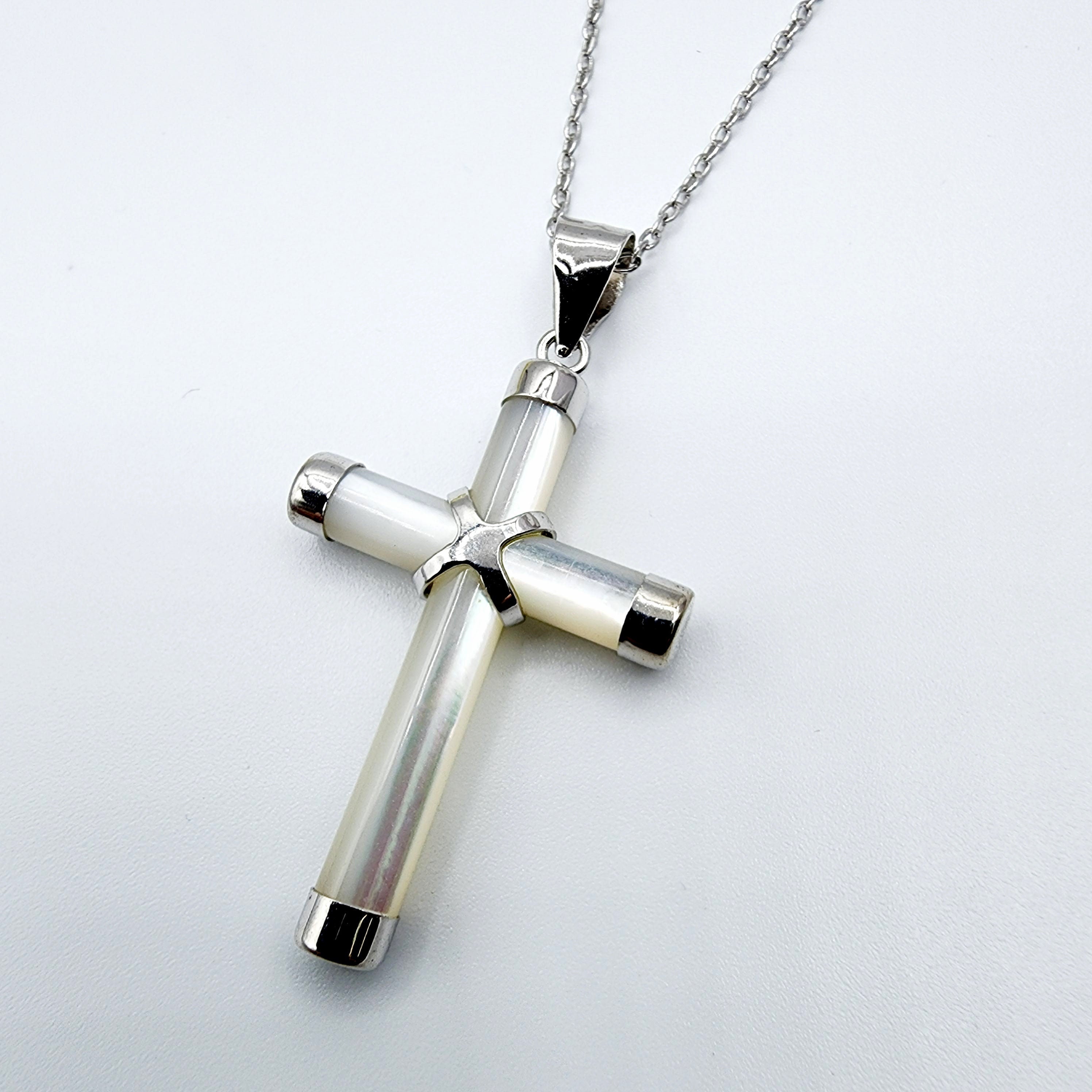 Sterling Silver Genuine Mother of Pearl Cross Pendant with Chain, White Cross Necklace, Christmas Gift , New Year Gift