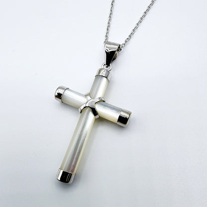 Sterling Silver Genuine Mother of Pearl Cross Pendant with Chain, White Cross Necklace, Christmas Gift , New Year Gift