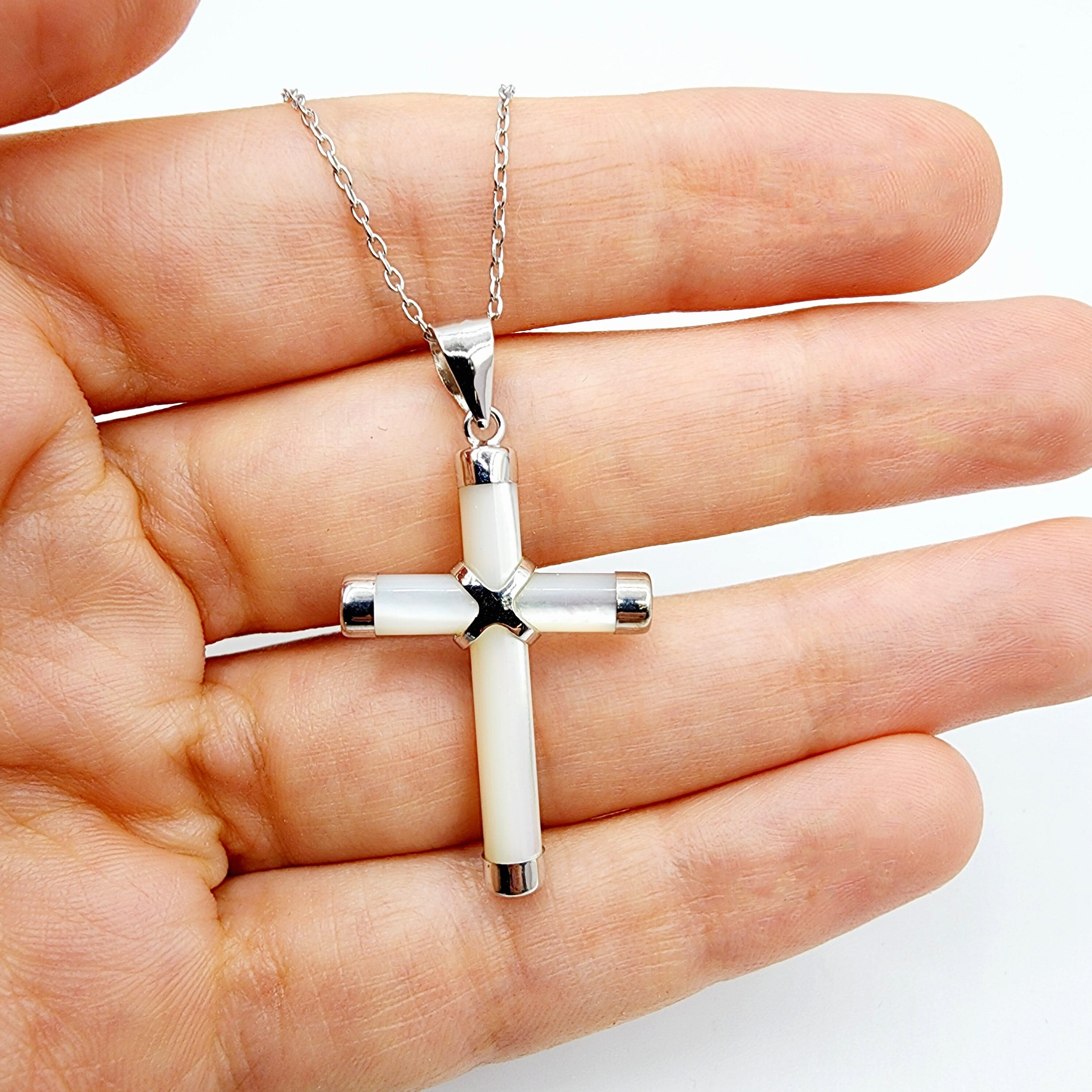 Sterling Silver Genuine Mother of Pearl Cross Pendant with Chain, White Cross Necklace, Christmas Gift , New Year Gift
