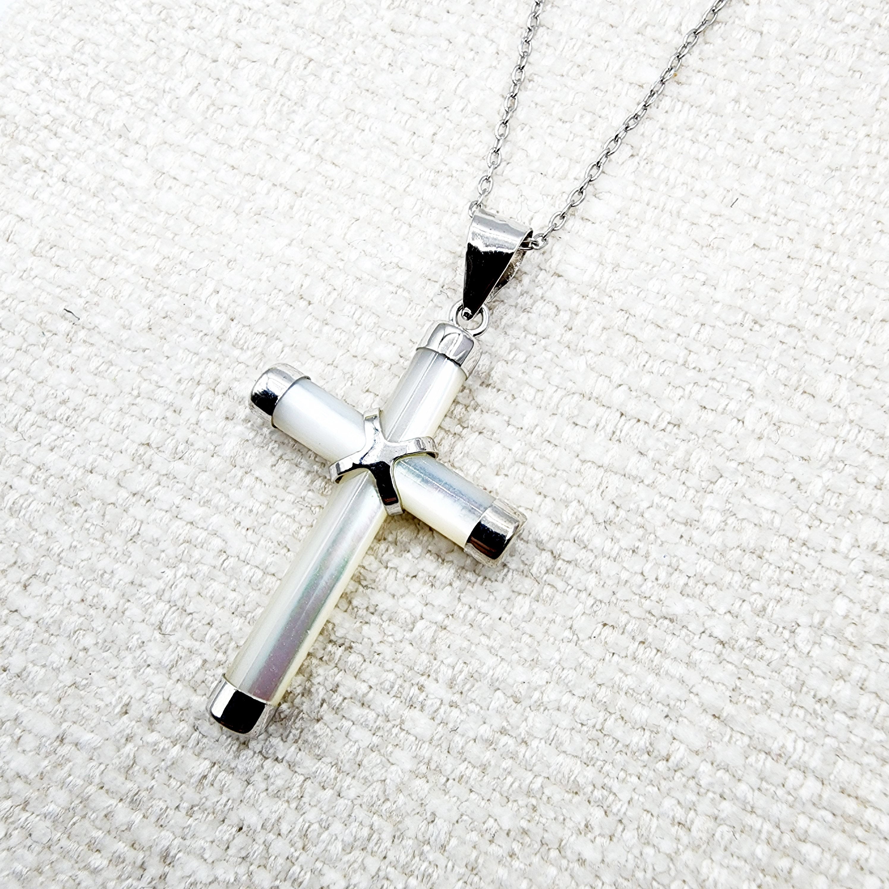 Sterling Silver Genuine Mother of Pearl Cross Pendant with Chain, White Cross Necklace, Christmas Gift , New Year Gift