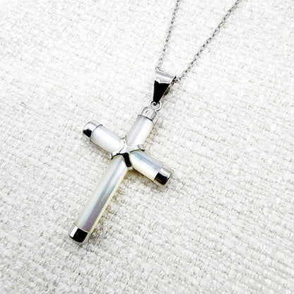 Sterling Silver Genuine Mother of Pearl Cross Pendant with Chain, White Cross Necklace, Christmas Gift , New Year Gift