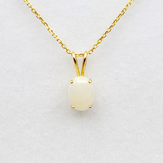 Gold Genuine Opal Pendant Necklace, Handmade 10K Yellow Gold Fire Opal 8x6mm Pendant for Women, Dainty Gold Necklace, October Birthstone