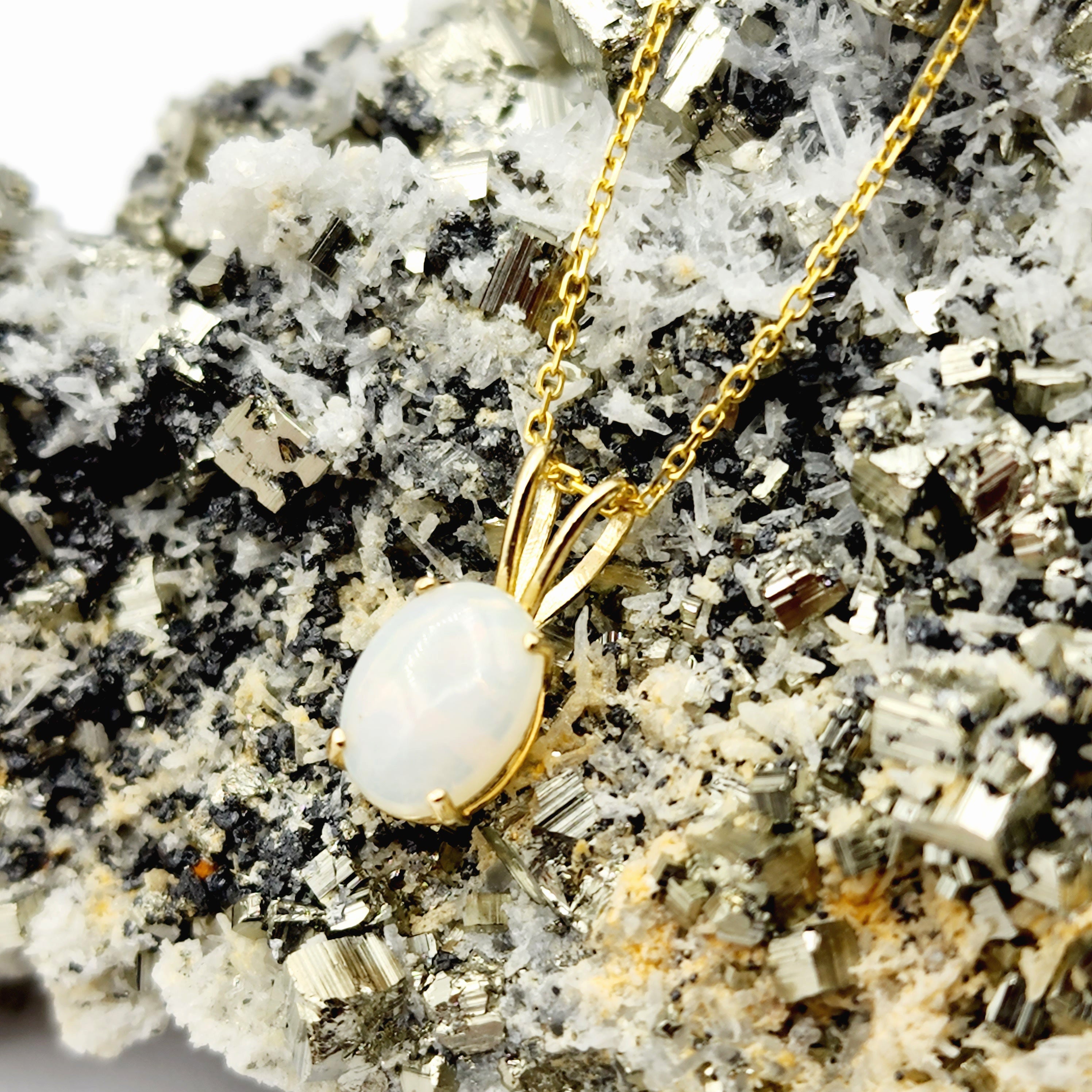 Gold Genuine Opal Pendant Necklace, Handmade 10K Yellow Gold Fire Opal 8x6mm Pendant for Women, Dainty Gold Necklace, October Birthstone