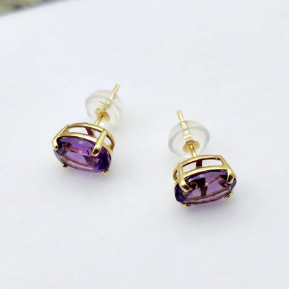 Gold Amethyst Stud Earrings, 10K Yellow Gold Genuine Amethyst 8x6mm Earrings, February Birthstone, Purple Jewelry, Dainty Earrings For Women