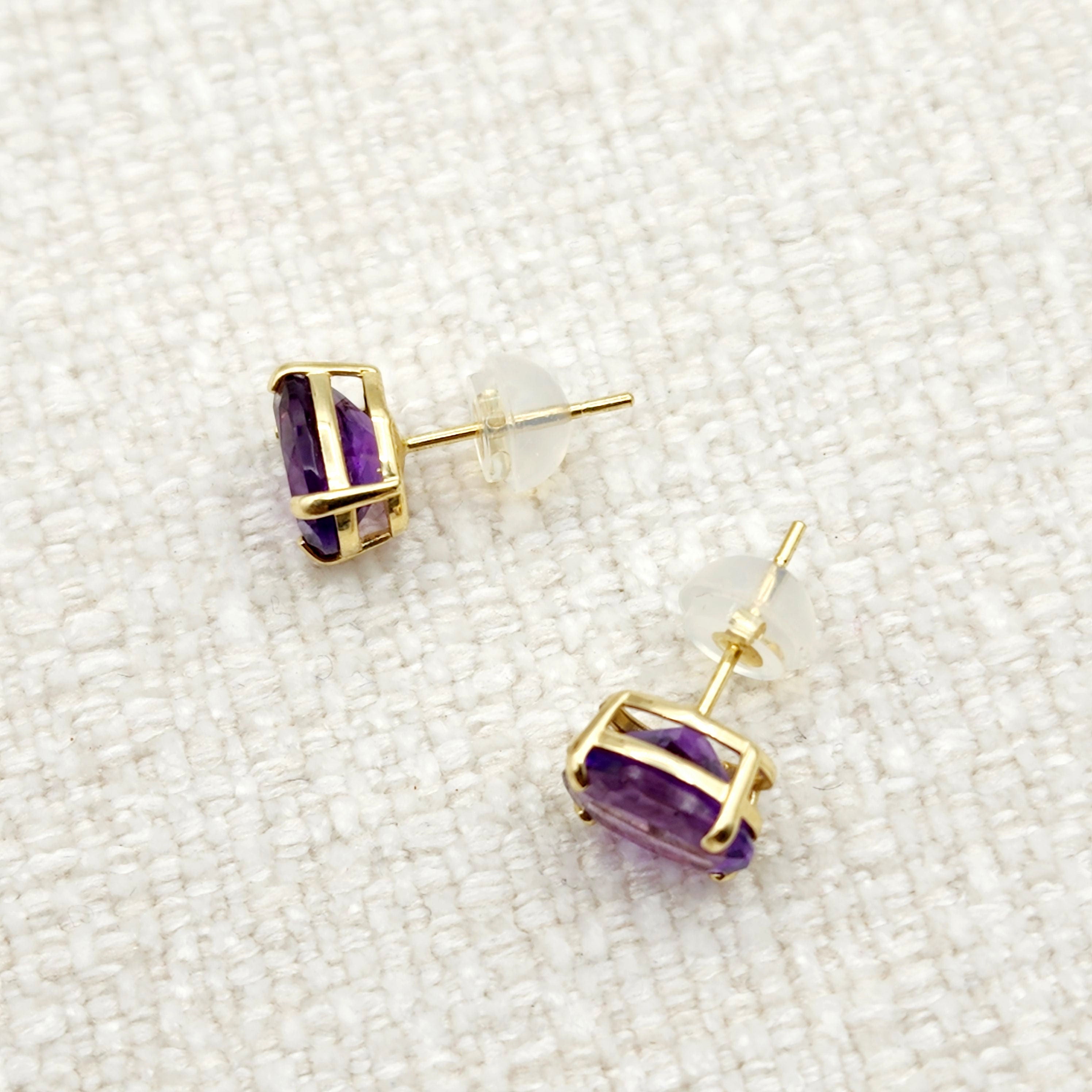 Gold Amethyst Stud Earrings, 10K Yellow Gold Genuine Amethyst 8x6mm Earrings, February Birthstone, Purple Jewelry, Dainty Earrings For Women