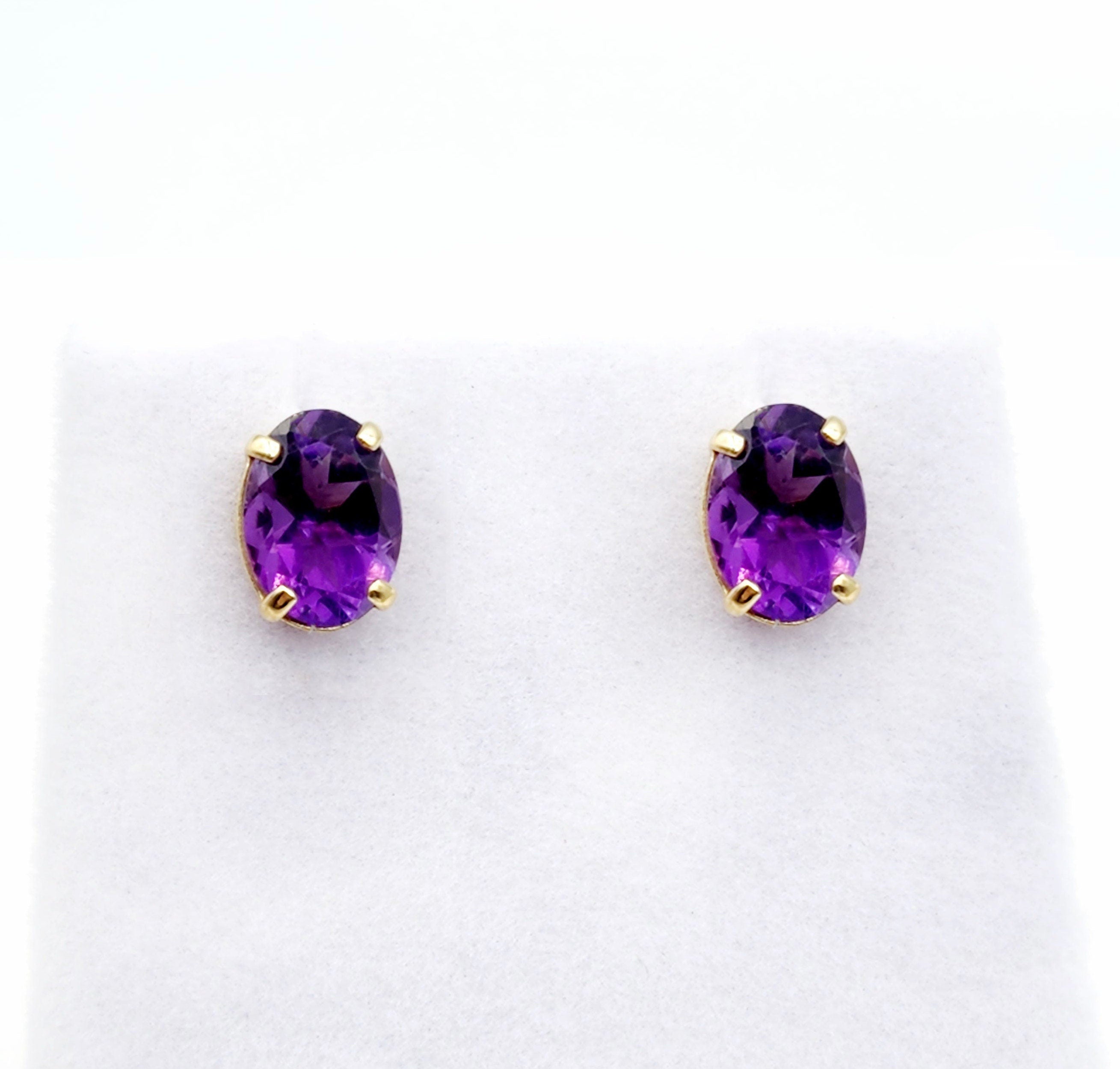 Gold Amethyst Stud Earrings, 10K Yellow Gold Genuine Amethyst 8x6mm Earrings, February Birthstone, Purple Jewelry, Dainty Earrings For Women
