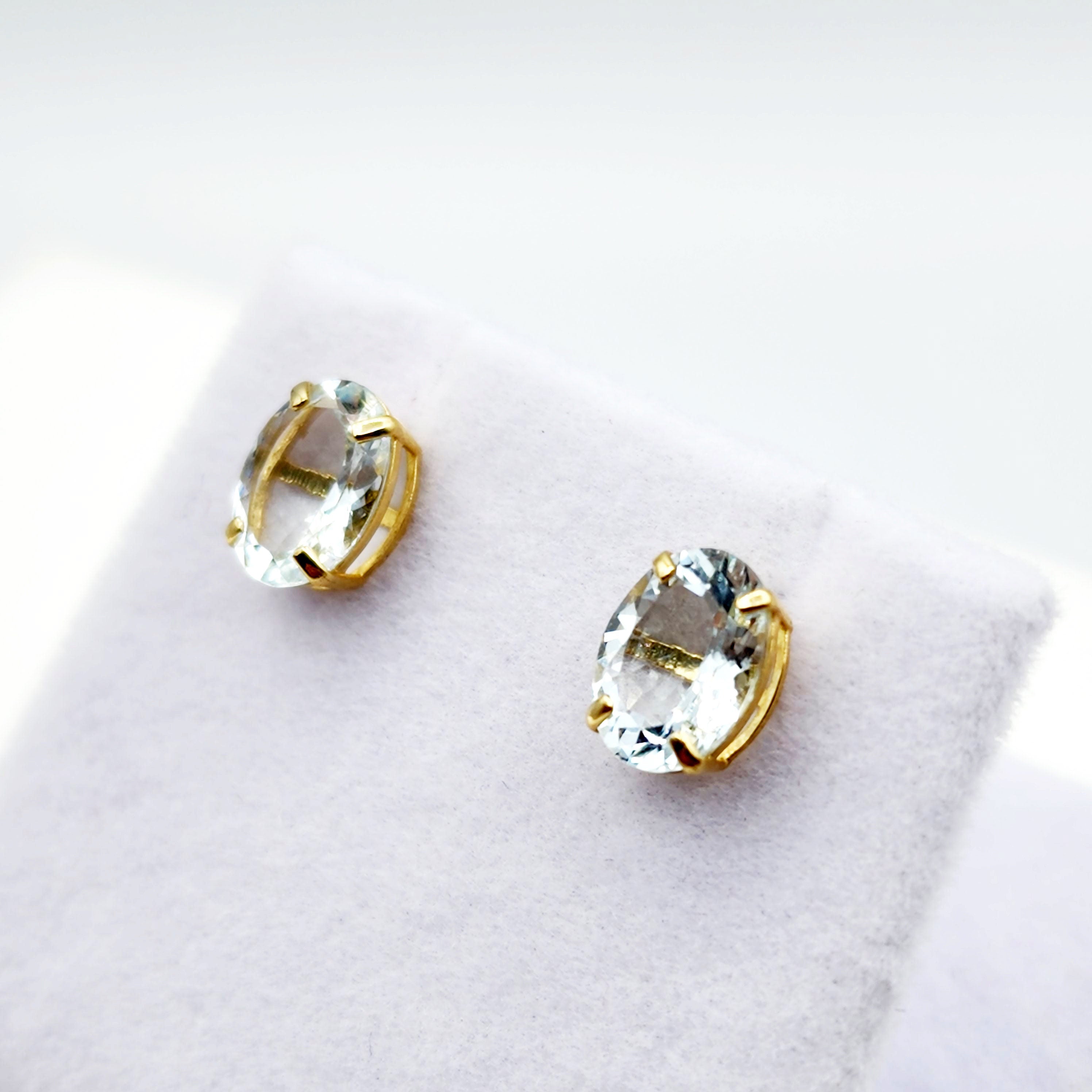 Gold Aquamarine Stud Earrings, 10K Yellow Gold Genuine Aquamarine 8x6mm Earrings, March Birthstone, Gemstone Jewelry,  Earrings For Women