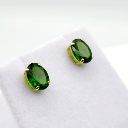 Gold Chrome Diopside Stud Earrings, 10K Yellow Gold Genuine Green Chrome Diopside 8x6mm Earrings, Gemstone Jewelry,  Earrings For Women
