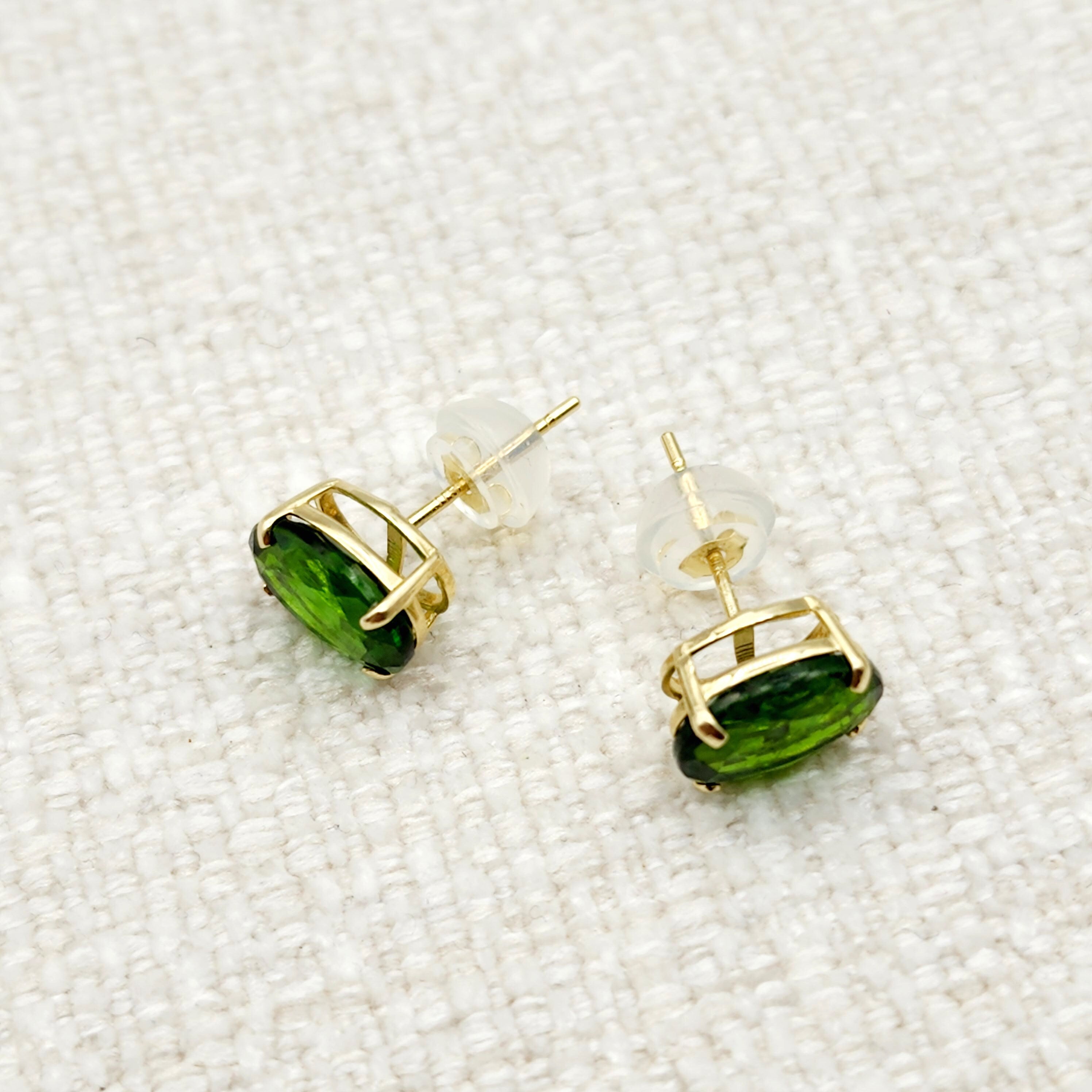 Gold Chrome Diopside Stud Earrings, 10K Yellow Gold Genuine Green Chrome Diopside 8x6mm Earrings, Gemstone Jewelry,  Earrings For Women