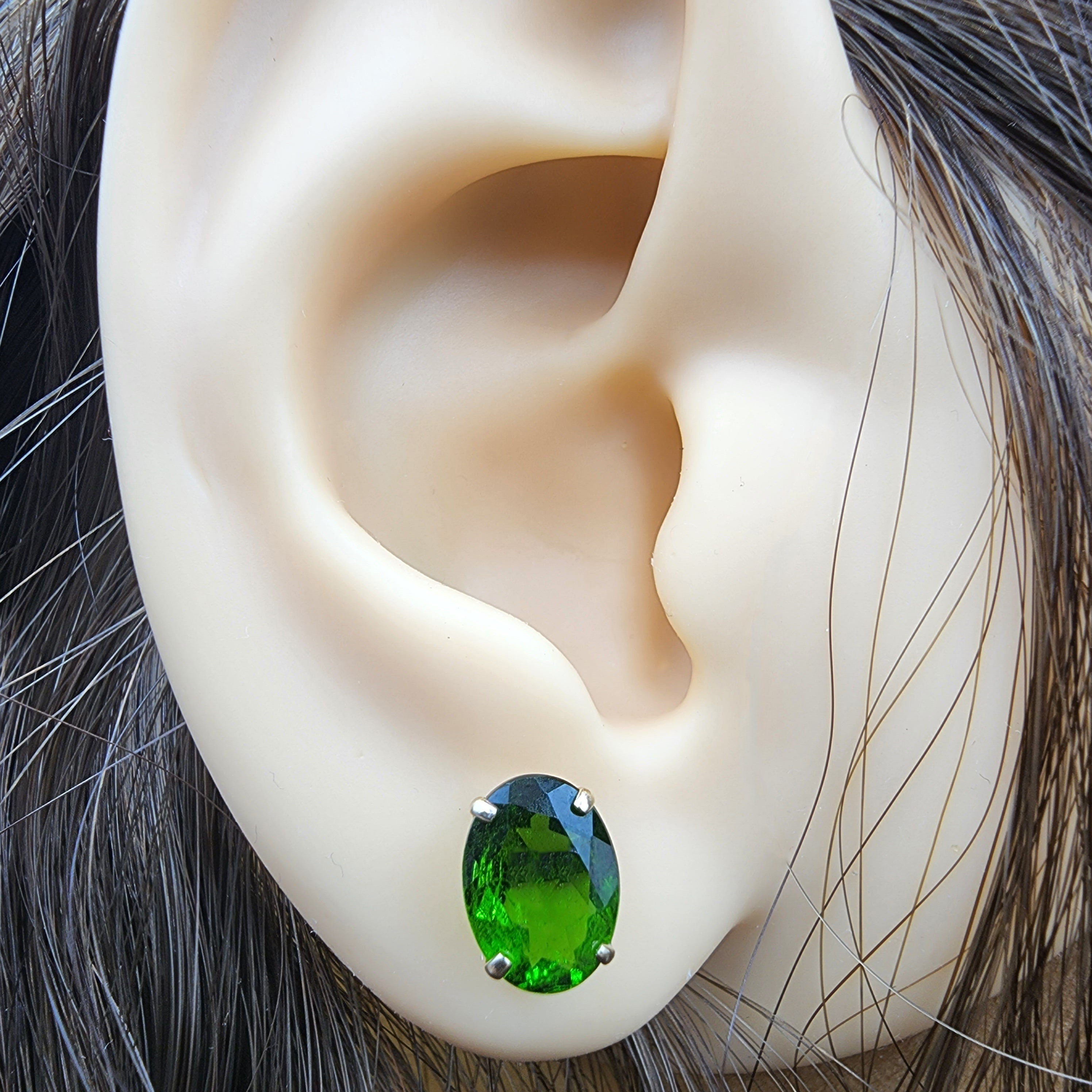 Gold Chrome Diopside Stud Earrings, 10K Yellow Gold Genuine Green Chrome Diopside 8x6mm Earrings, Gemstone Jewelry,  Earrings For Women