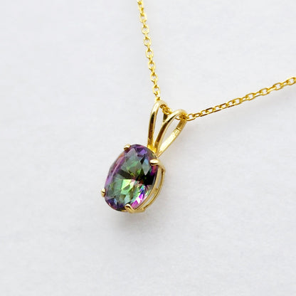 Gold Mystic Topaz Pendant Necklace, 10K Yellow Gold Mystic Topaz 8x6mm Pendant, Gemstone Necklace For Women, Pendant For Her